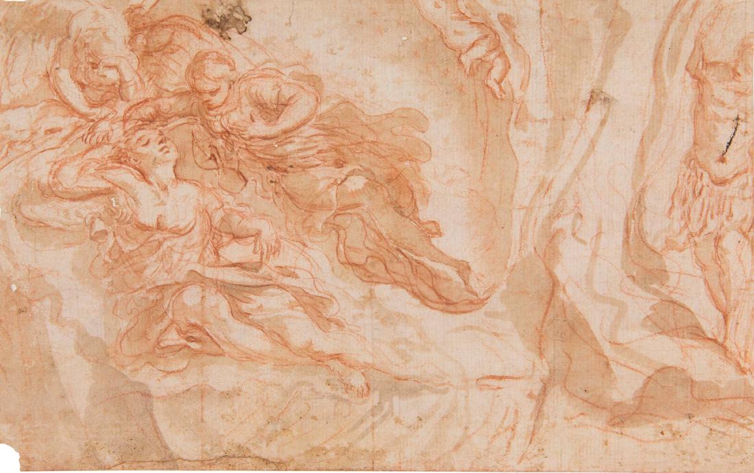 Domenico Maria Canuti (Bologna 1625 - 1684), Diana e: matita rossa e acquerello bianco su carta, mm 154x245