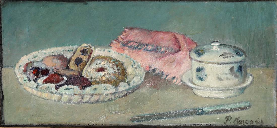 Piero Marussig (1879-1937), Natura morta, 1933 ca: olio su tela, cm 26x55 firmato in basso a destra Etichetta e timbro al retro della Galleria dell'Oca, Roma, Provenienza: Galleria dell'Oca, Roma, ivi acquistato dallâ€™attuale proprietario negli