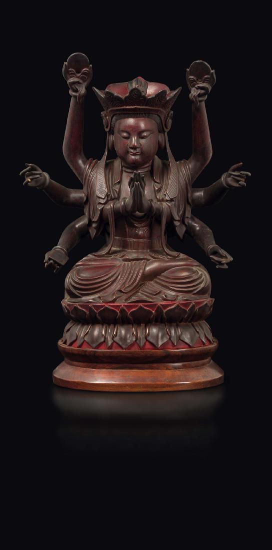 A wooden figure of deity on a double lotus flower, (1 of 1)