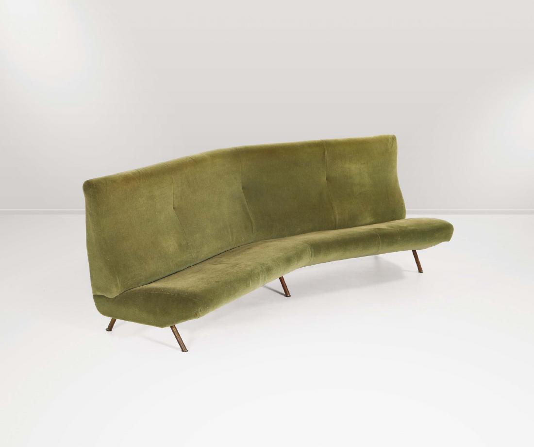 Marco Zanuso,: Divano in metallo con piedi in ottone e rivestimento in tessuto. Prod. Ar ex, Italia, 1950 ca. cm 250x88x80