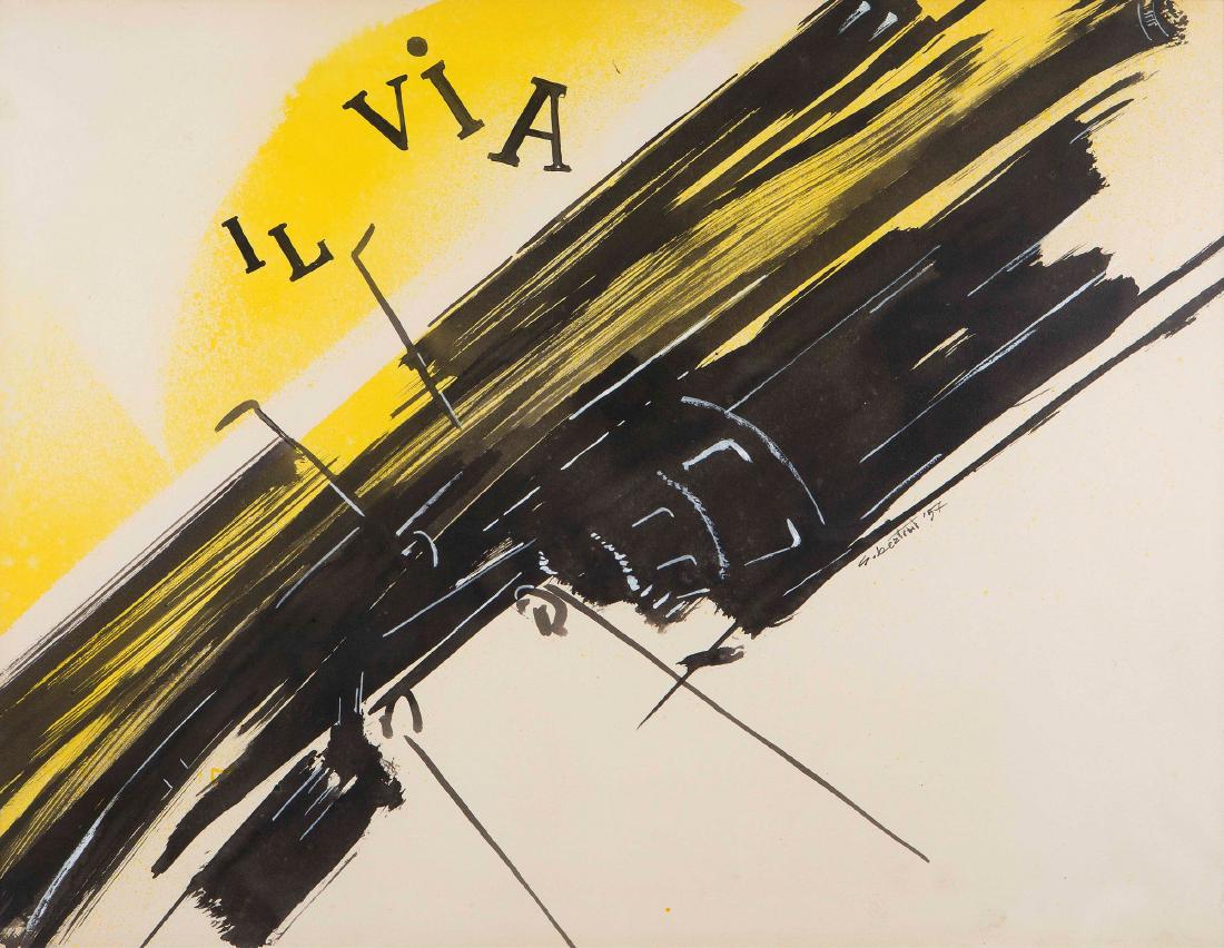 Gianni Bertini (1922-2010), Le fuite de Mercure, 1957: tempere on paper laid to canvas, cm 51x65,5 signed, dated and titled on the back Photo certificate signed by the artist 15/07/2007