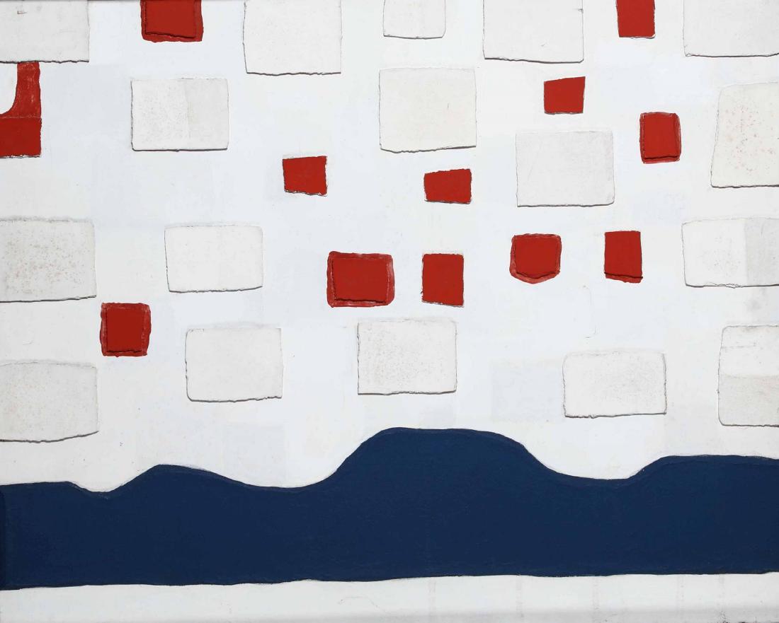 Giancarlo Bargoni (1936), Constructio n.6 with 3 plots,: mixed media on canvas, cm 80x100 signed, titled and dated on the back