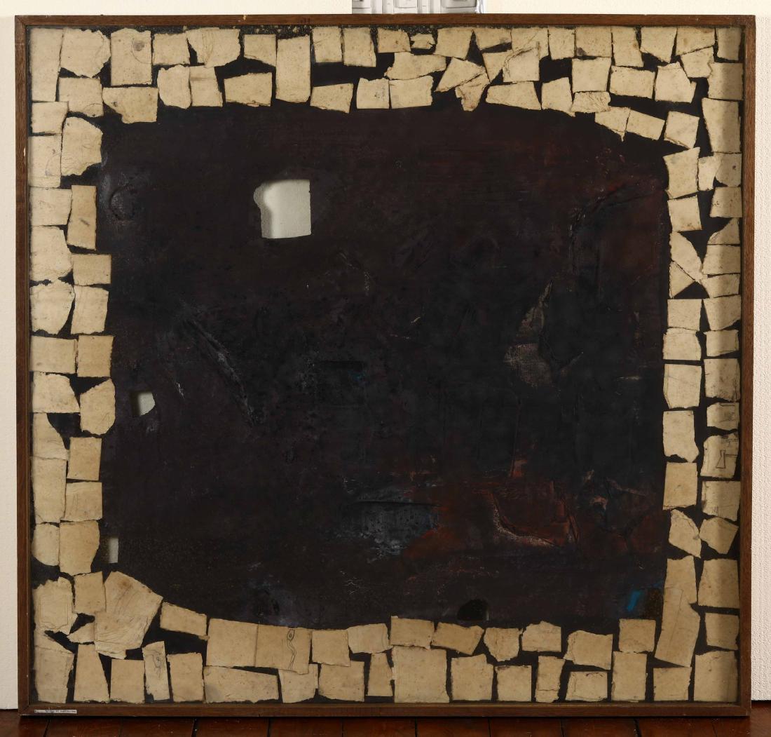 Giancarlo Bargoni (1936), Piazza di Barcellona, 1961: combustion oil and collage on canvas, cm 100x105 signed, titled and dated at the back Stamp of Galleria Cadario, Milano
