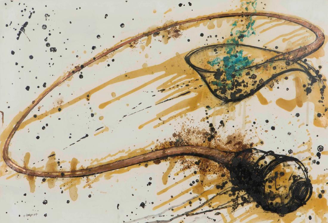 Gilberto Zorio (1944), Sibilo, 1987: Various materials on paper Cm 59 x 87,5 Signature on bottom left