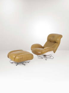 Bruno Gecchelin,: Poltrona Bruge con ottomana. Struttura in metallo cromato e ABS. Rivestimenti in pelle. Prod. Busnelli Export, Italia, 1963 Poltrona: cm 90x110 85 h; ottomana: cm 70x65x35
