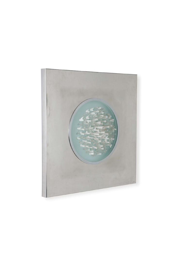Angelo Brotto,: Pannello luminoso in acciaio specchiato, elementi in vetro di Murano. Prod. Esperia, Italia 1970 ca. cm 80x80