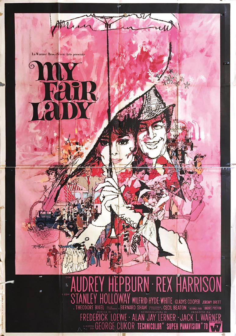 Bob Peak, My Fair Lady, 1964: Affisso originale, quattro fogli. 1964. Offset impresso da Vecchioni e Guadagno, Roma. Cm 198 x 139. QUALITÁ: C+. Qualche restauro sparso e una fastidiosa traccia di nastro adesivo al centro. Comples
