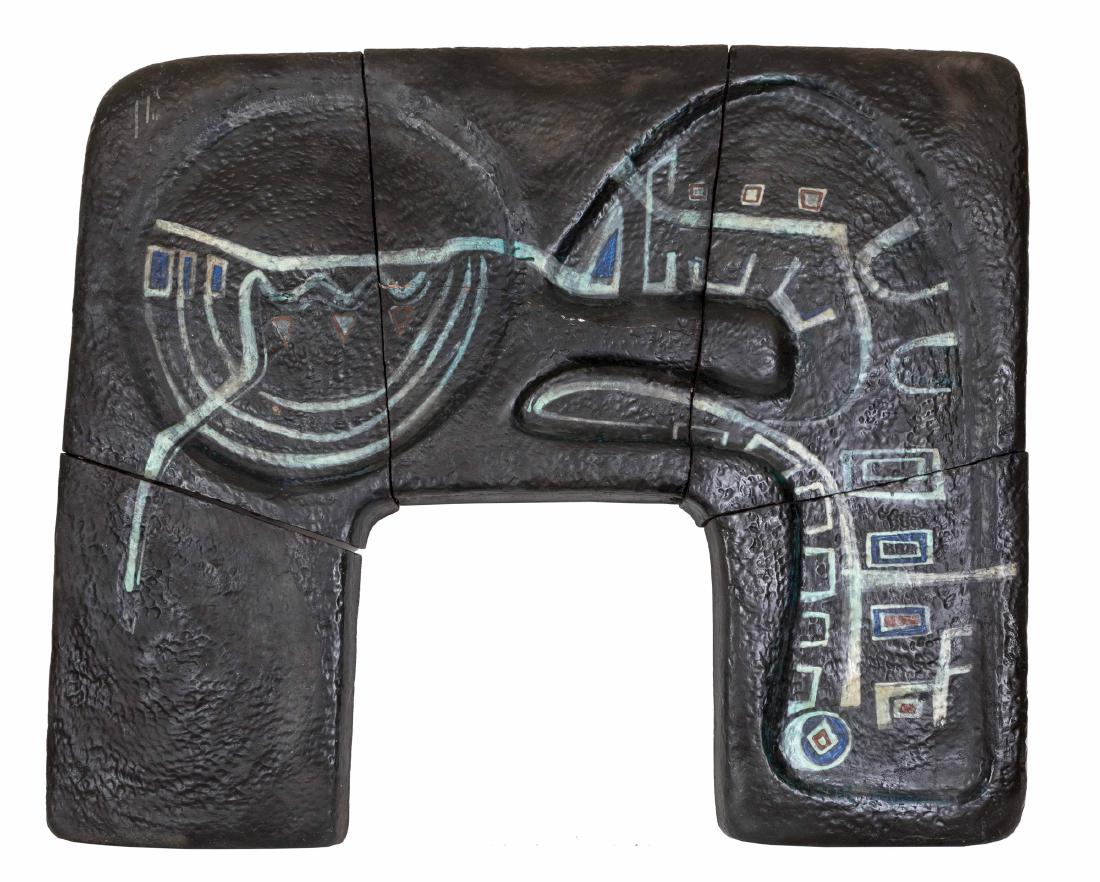 Salvatore Meli (1929-2011), 1965 ca,: Fireplace frame formed by majolica elements with polychrome abstract decoration in part graffito. cm 150x20, h. cm 128