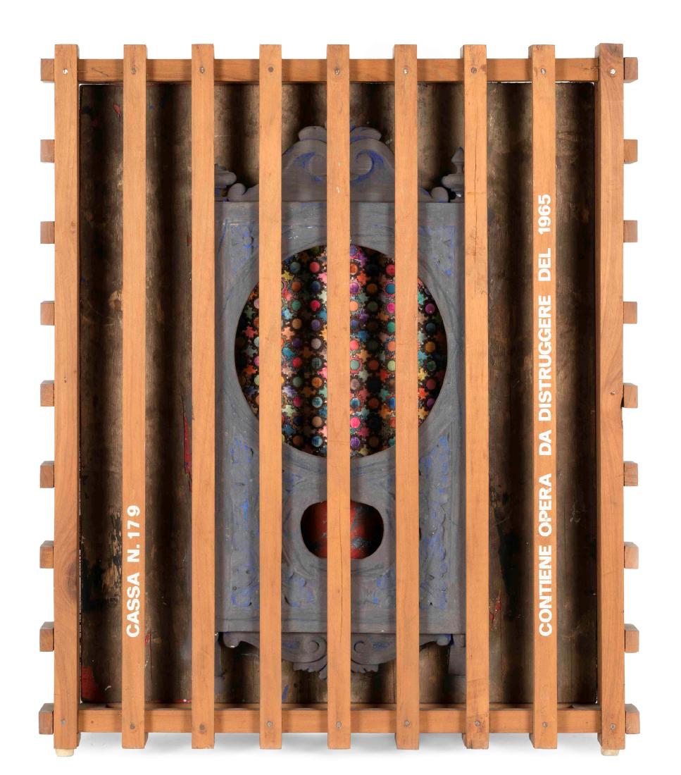 Guglielmo Achille Cavellini (1914-1990), Cassa N.179.: wood, iron washers, acrilic colors, cm 68x56 titled at the front signed and dated at the back Stamp at the back of the Archivio Storico Cavellini Certificate of Authenticity by the artist The work wil