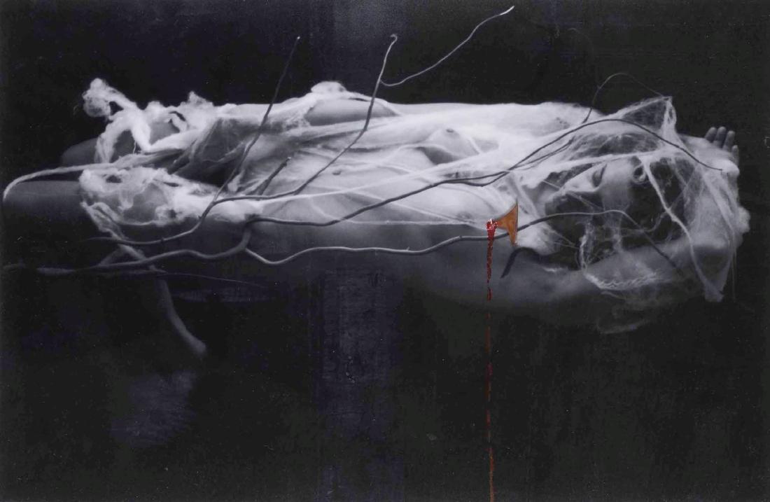 Francesco De Molfetta (1979),: A) Una spina nel cuore, 2004 mixed media on photo in b/w, cm 18x22 signed, titled and dated at the back B) Una spina nel cuore, 2004 mixed media on photo in b/w, cm 12,5x8 signed, titled and dated at