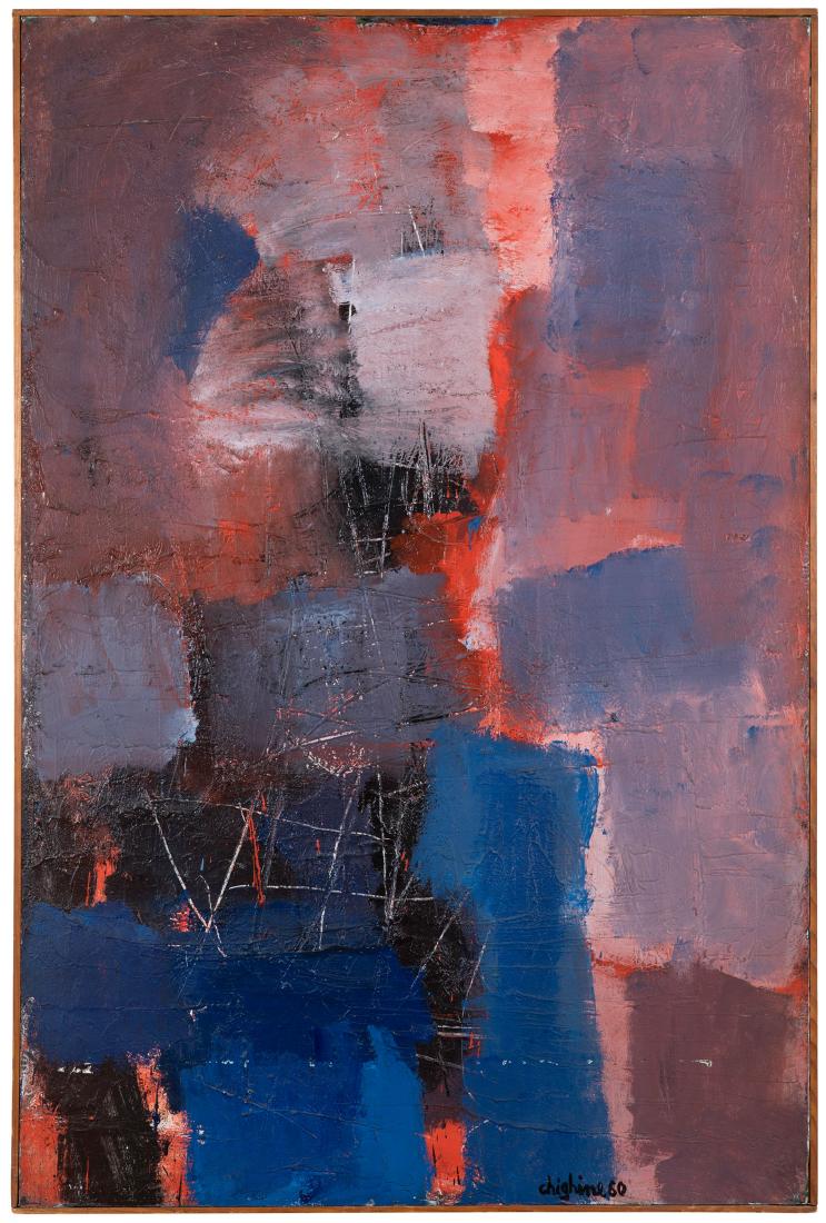 Alfredo Chighine (1914-1974), Spiaggia e personaggio,: oil on canvas, cm 146x97 signed and dated lower right titled and dated on the back