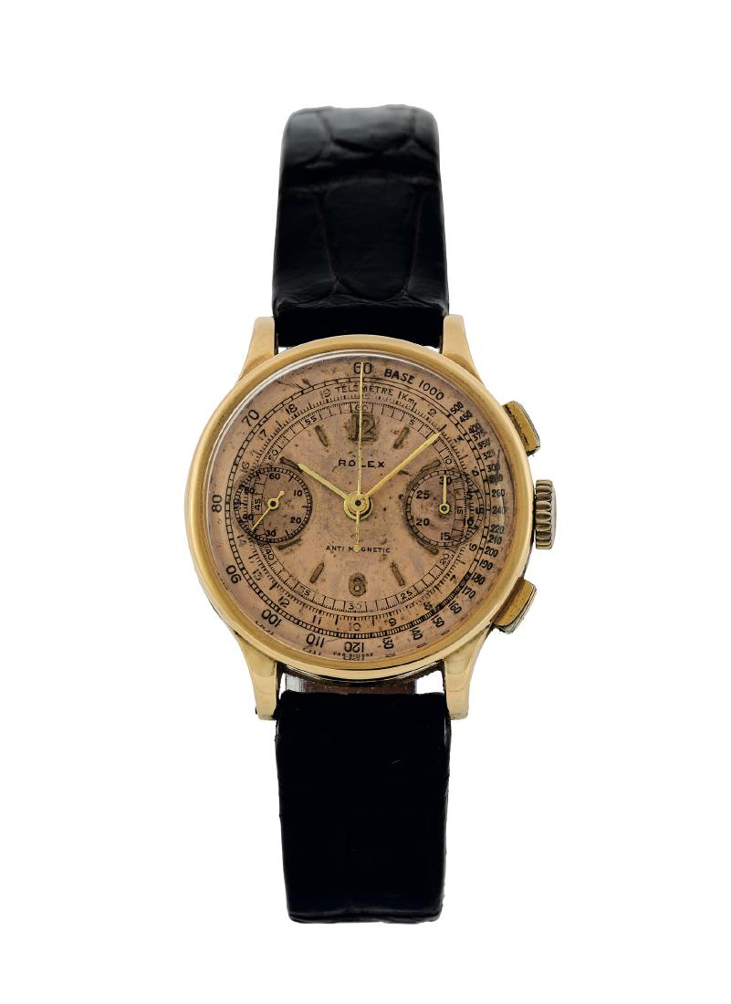 Rolex, "Chronograph, Anti-Magnetic".: Case No. 51965, Ref. 2811. Very fine and rare, anti-magnetic, 18K yellow gold wristwatch, square-shaped button chronograph, register, tachometer, telemeter and a gold-plated Rolex buckle. Made in the
