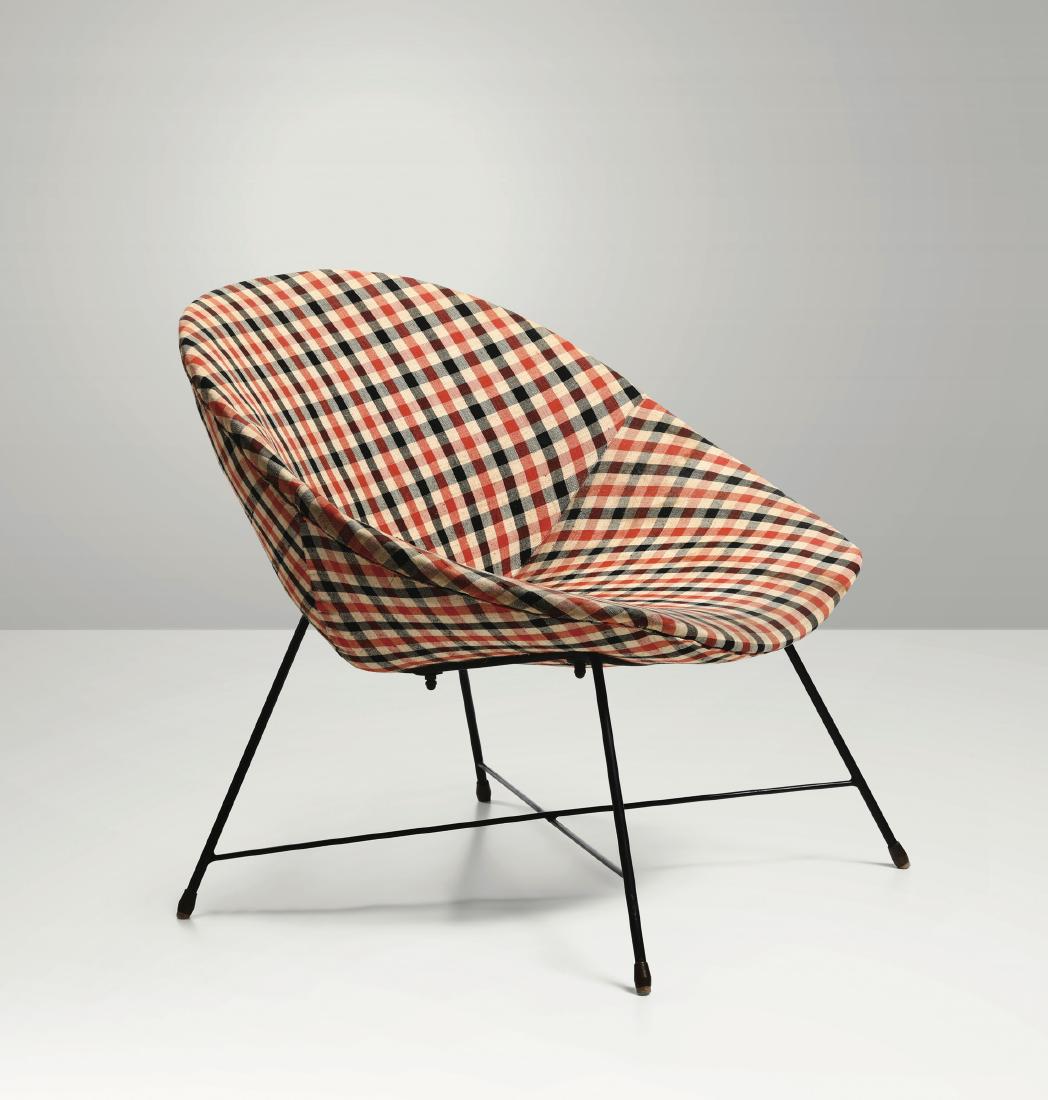 Augusto Bozzi,: Poltrona con struttura in metallo tubolare e rivestimento in tessuto. Etichetta originale. Prod. Saporiti, Italia, 1960 ca. cm 74x70x69