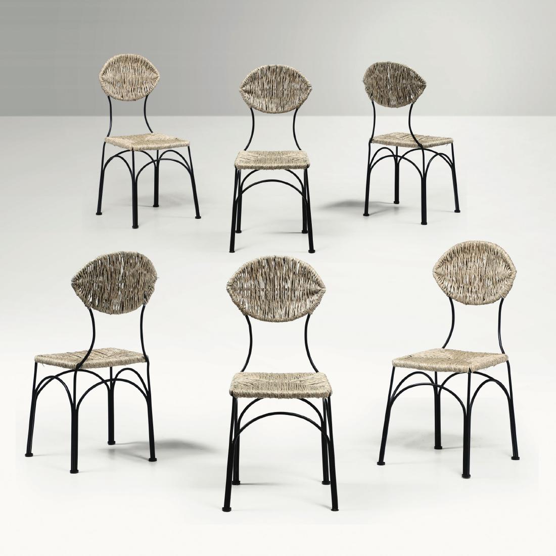 Tom Dixon,: Sei sedie mod. Banana Chair con struttura in metallo e seduta e schienale in paglia intrecciata. Prod. Cappellini, Italia, 1990 ca. cm 40x47x96