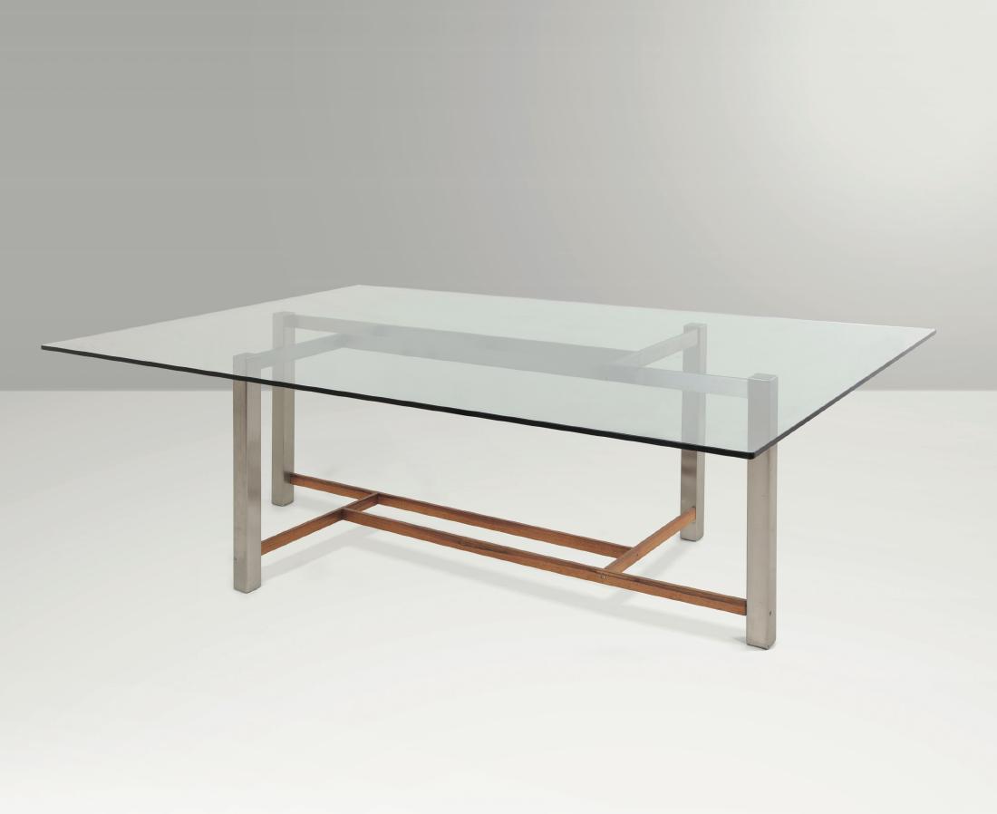 Formanova,: Grande tavolo con struttura in alluminio e legno. Piano in vetro. Prod. Formanova, Italia, 1960 ca. cm 232x150x74