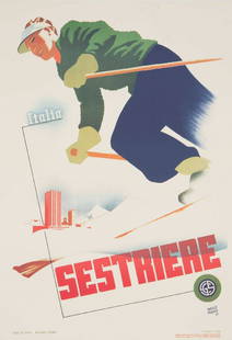 Mario Puppo (1905-1977), SESTRIERE: Offset, second edition 1960s. Cm 100x70. Probably among the best works by Puppo and the first poster to promote alpine skying in Sestriere. QUALITY A: perfect item. Framed.