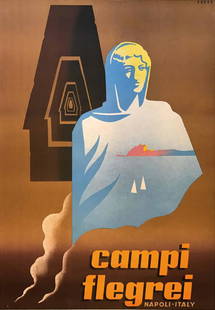 Mario Puppo (1905-1977), CAMPI FLEGREI NAPOLI ITALY: First edition litographic poster, 1955. Cm 90x63. Rare and nice poster by Puppo; one of his best works of the fifties. QUALITY B-: lacks approx. 8 cm in lower portion with loss of typographical imprin