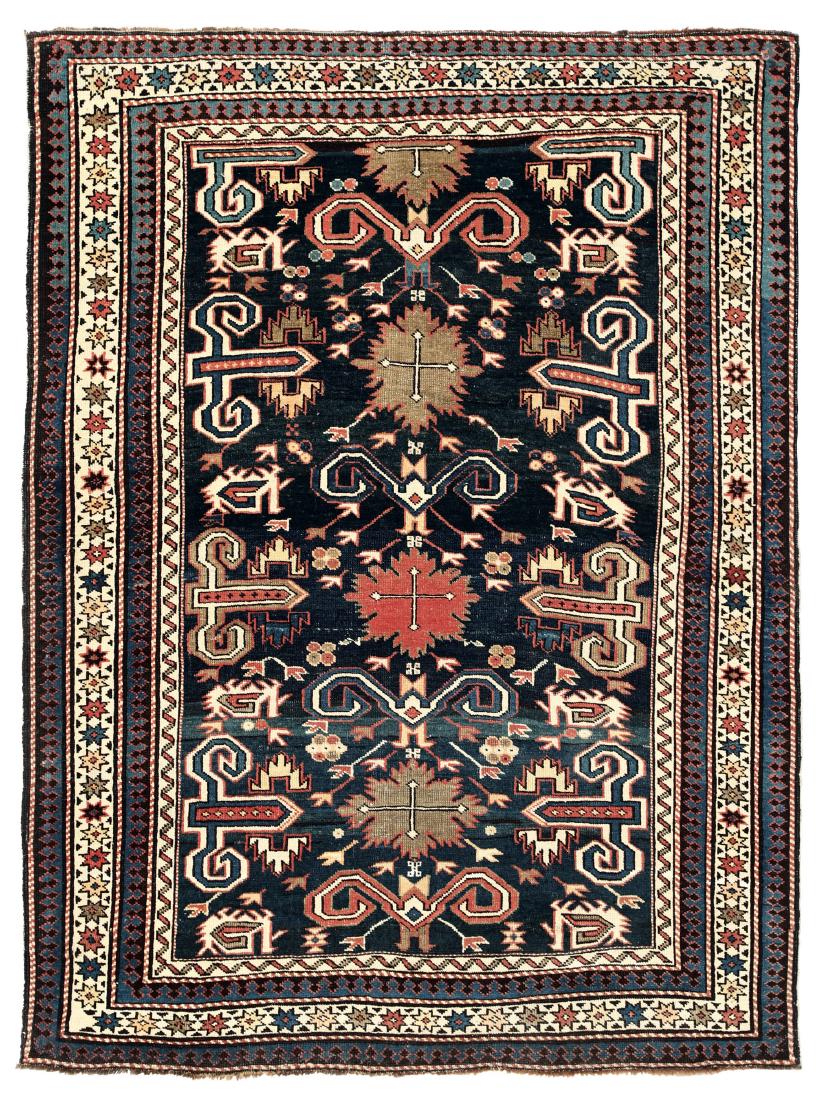 Tappeto Shirvan Perepedil, Caucaso fine XIX secolo,: campo blu con motivoa ""corna di montone", piccola bordura chiara con stelle cm 115x90