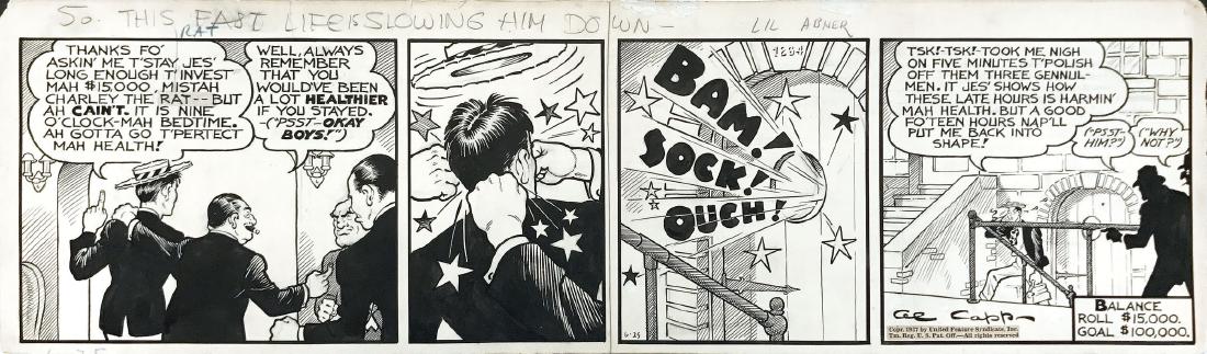 Alfred Gerard Caplin "AL CAPP" (1909-1979), Liâ€™l: Original daily strip published on June 25th 1937. Pencil and Indian ink on 2 cardboards joined at the centre. Cm 17x58,5. Signed on the last panel. Slightly rounded edges, otherwise good condition.