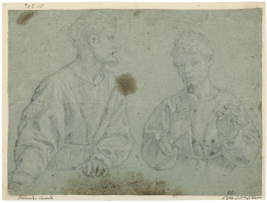 Bernardo Castello (Genova 1557-1629), Studi di Santi: carboncino e biacca su carta preparata azzurra, mm 215x170, mm 235x170, mm 175x240 e mm 185x245