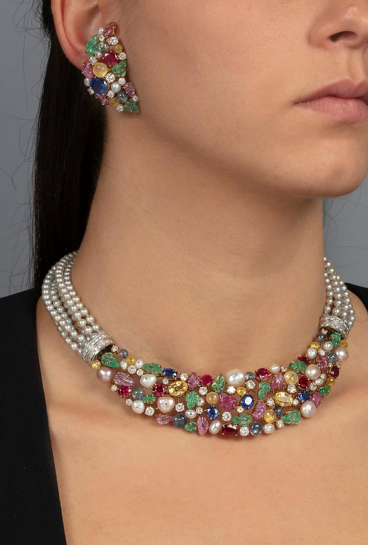 Diamond and gem-set demi-parure. Signed Scavia (1 of 1)