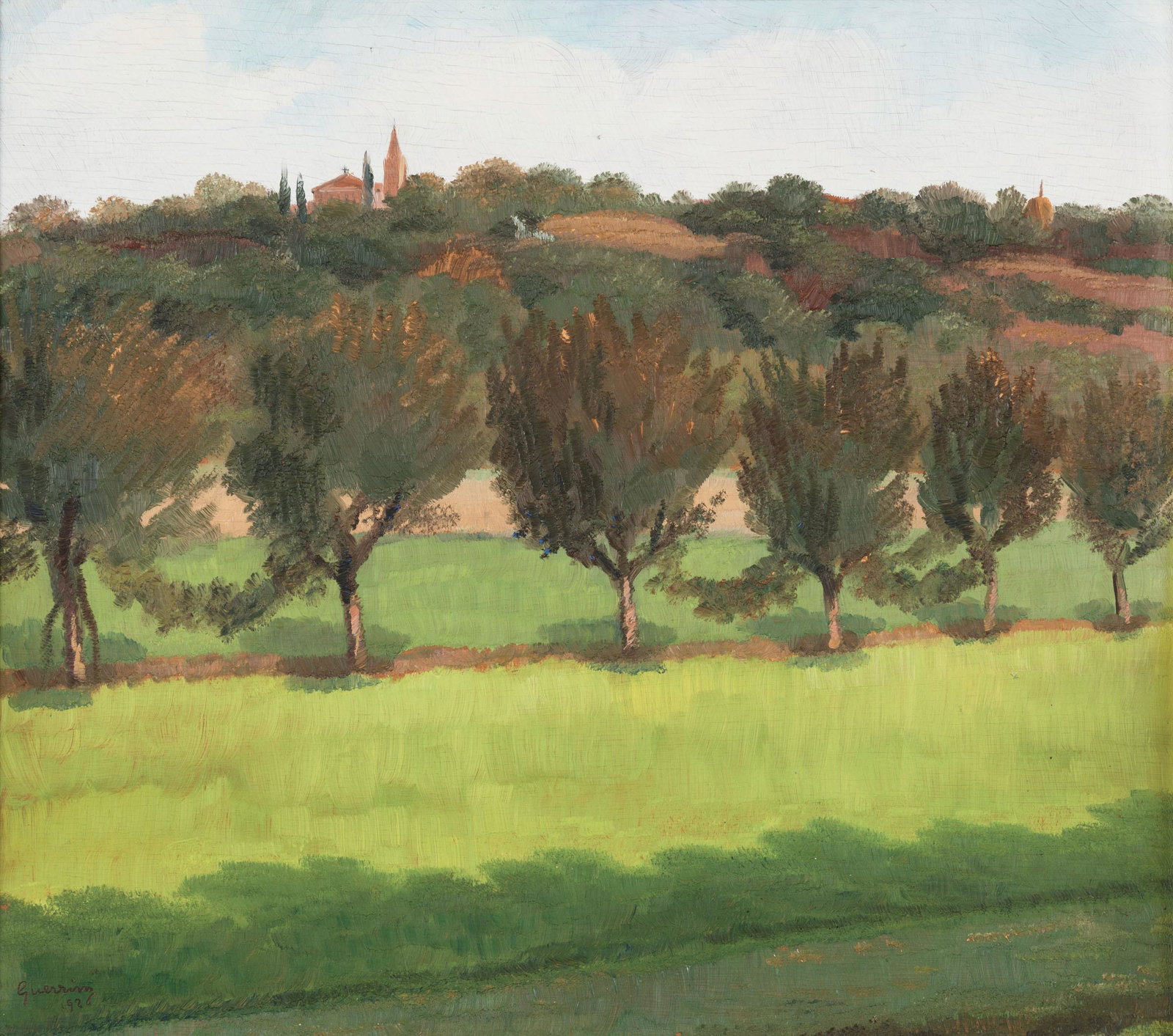 Giovanni Guerrini (1887-1972) Colline di Romagna, 1926,: olio su tavola, cm 35x38 firmato e datato in basso a sinistra firmato e intitolato al retro