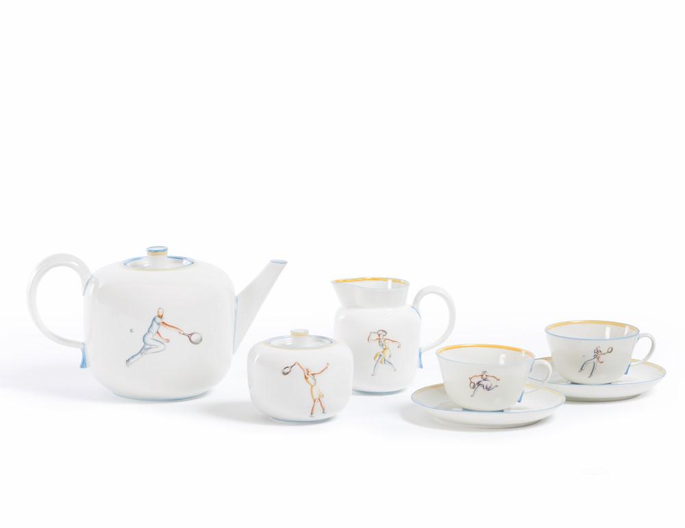 Gio Ponti, Richard Ginori, Sesto Fiorentino 1934ca: A tea set with a polychrome decor of tennis players. 10 cups, 10 plates, a teapot, a milk jug and a sugar pot. Various sizes