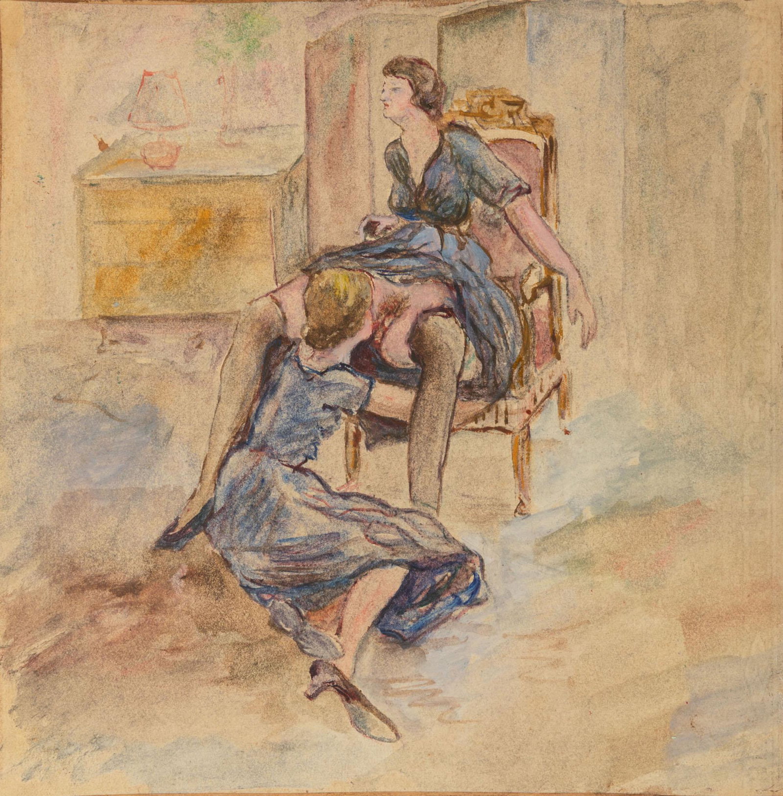 Pittore del XX secolo, Scena saffica: acquerello su carta, cm 19x19. Interno con rappresentazione di cunnilingus tra due donne.