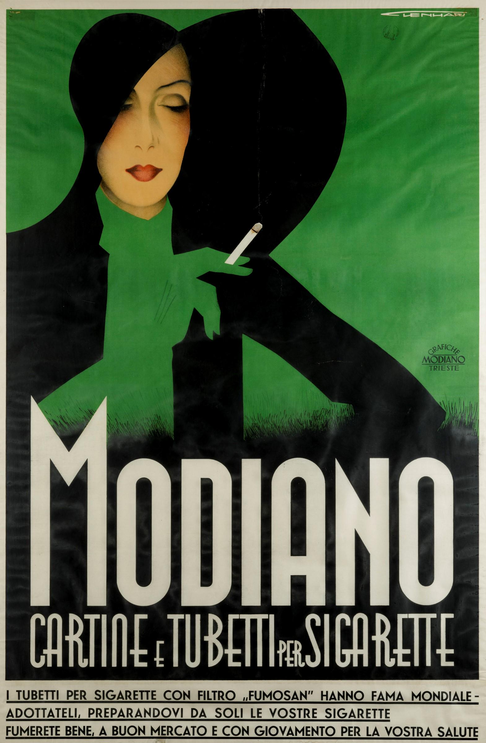 Franz Lenhart (1898-1992), MODIANO, CARTINE E TUBETTI: First edition lithographic poster, 1936. Cm 149x99. A great poster; among the very best design ever made of the Art-DÃ¨co fashion. Lenhart, usually worked for tourist propaganda; here he realized a