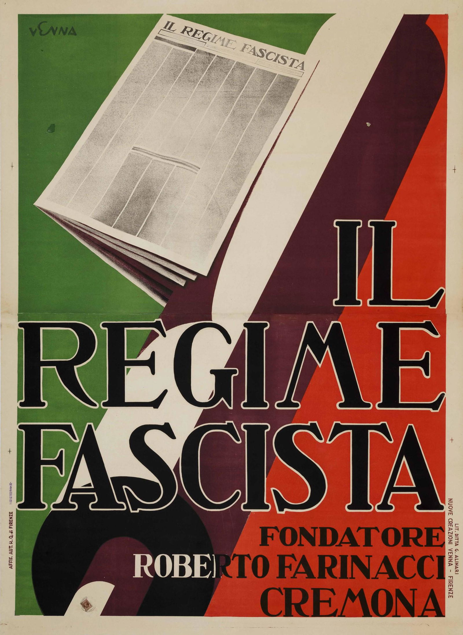 Lucio Venna (Giuseppe Landsmann) (1897-1974), IL REGIME: First edition lithographic poster, 1932. Cm 139x100. This daily newspaper was directed by one of the most influential officials of the Fascist party and close friend of Benito Mussolini. QUALITY: A. E