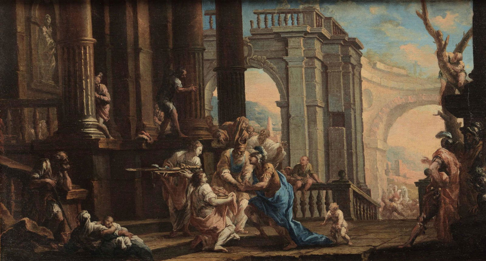 Gaspare Diziani (Belluno 1689 - Venezia 1767),: olio su tela, cm 70x120, L'opera, uno scoperto omaggio al gusto antiquario e scenografico di Giovanni Paolo Panini, si deve al periodo romano di Gaspare Diziani, com'ha fatto giustamente notare Ferdin