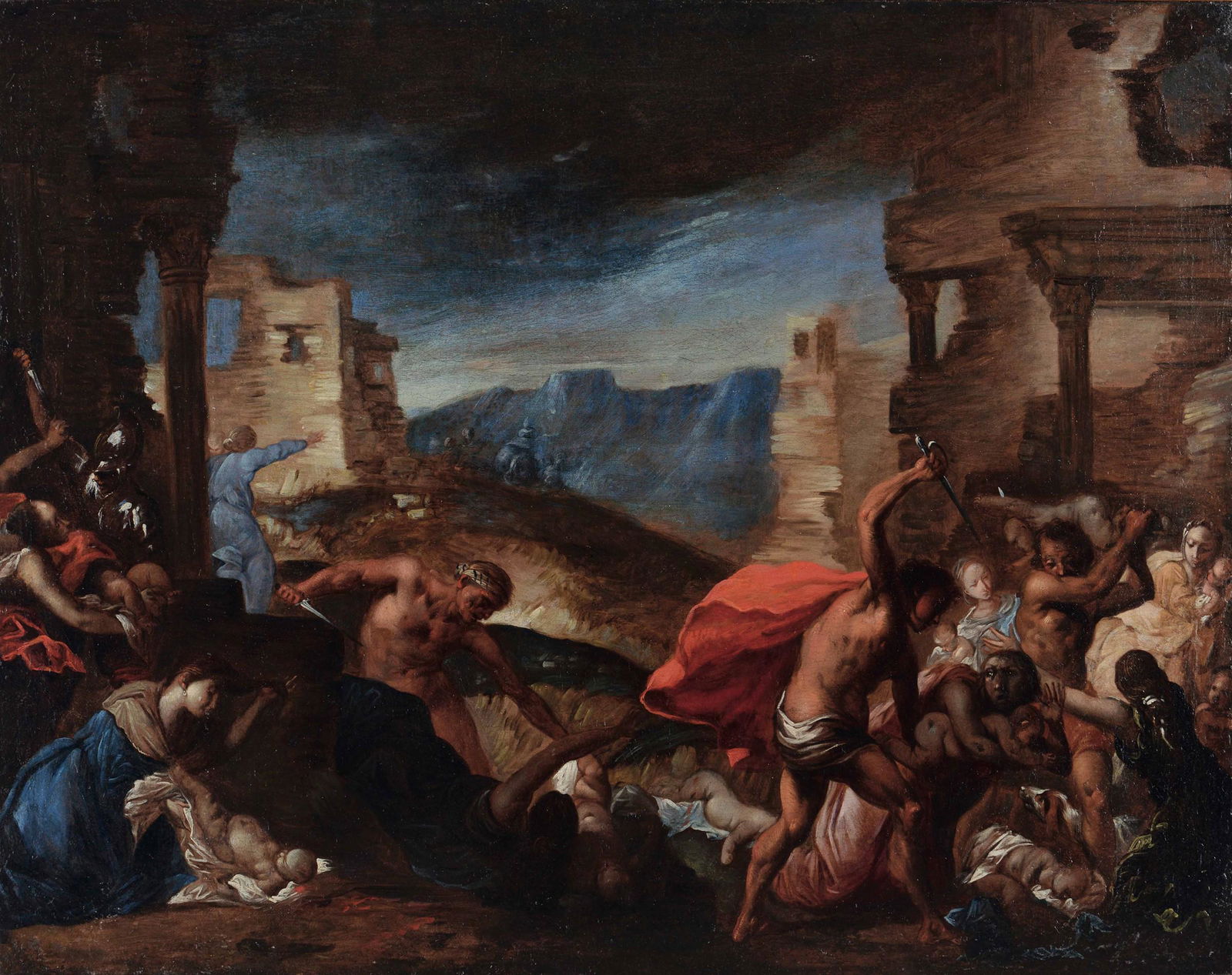 Bartolomeo Biscaino (Genova 1632-1657), Strage degli: olio su tela, cm 67x85, Il dipinto Ã¨ inedito ed Ã¨ accompagnato da una scheda critica del 2018 di Anna Orlando a cui si deve lâ€™attribuzione. Bibliografia di riferimento: A. Orlando, "Stefa