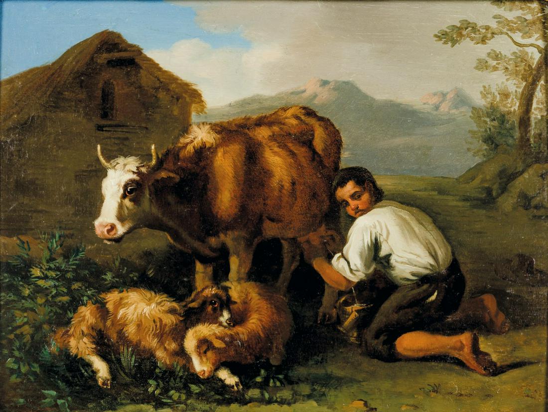 Francesco Londonio (Milano 1723-1783), La mungitura: olio su tavola, cm 29x38