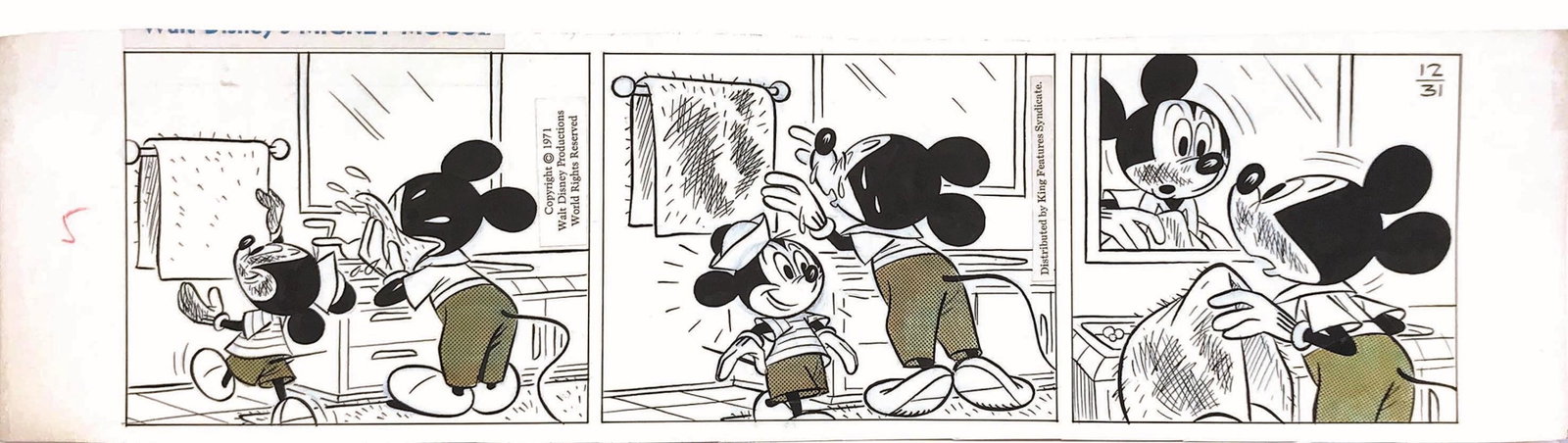 Floyd Gottferdson - Roman Arambula: Mickey Mouse original daily strip for US daily newspapers, published on the 12/31/1971. Pencil, Indian ink and contact screen on thin cardboard. Cm 14x53. Irregularly trimmed upper margin but very goo