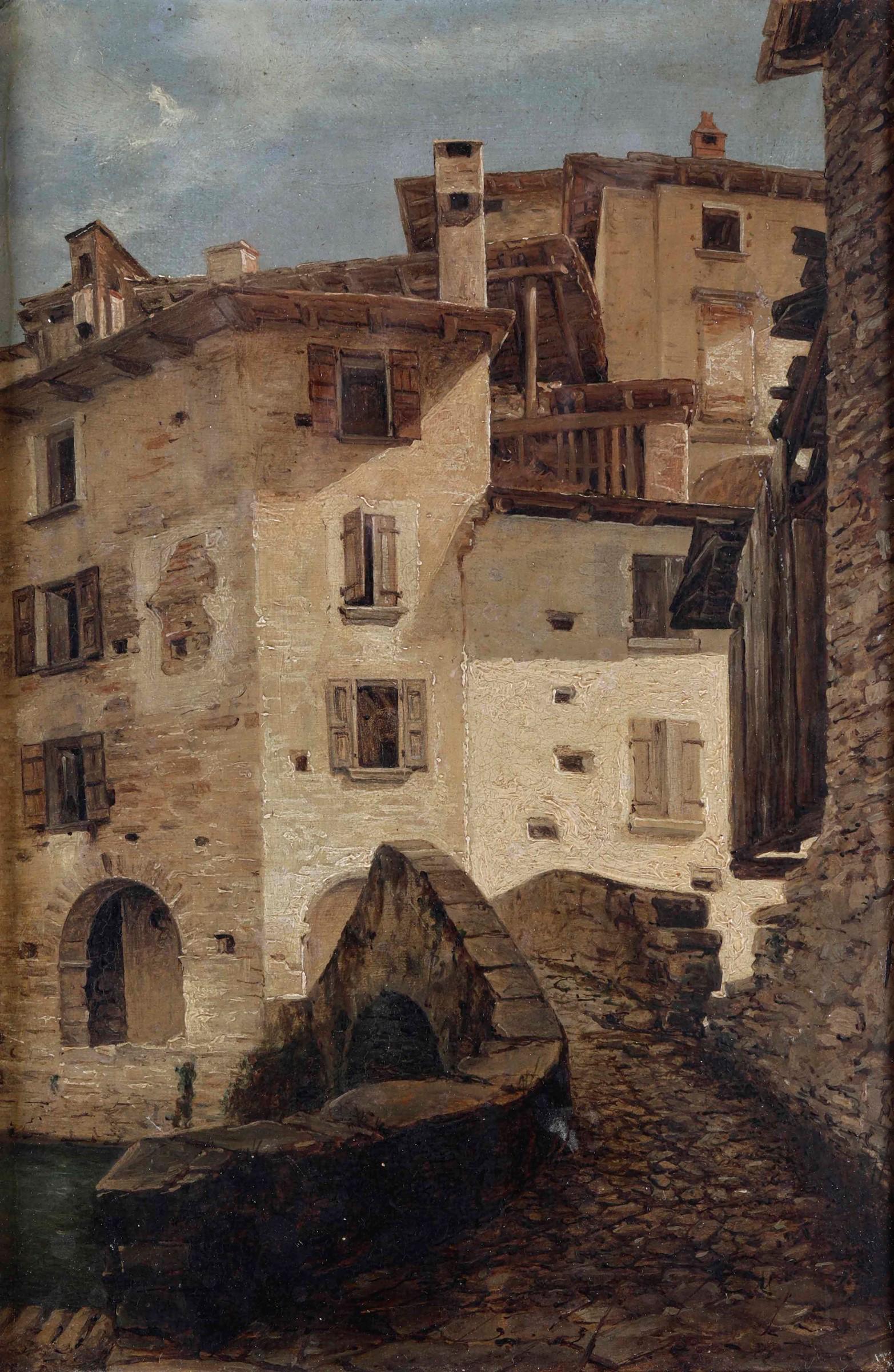Pompeo Pozzi (1817 - 1880), Veduta di Ness: olio su cartone, cm 35x24, 1852, iscrizione al retro
