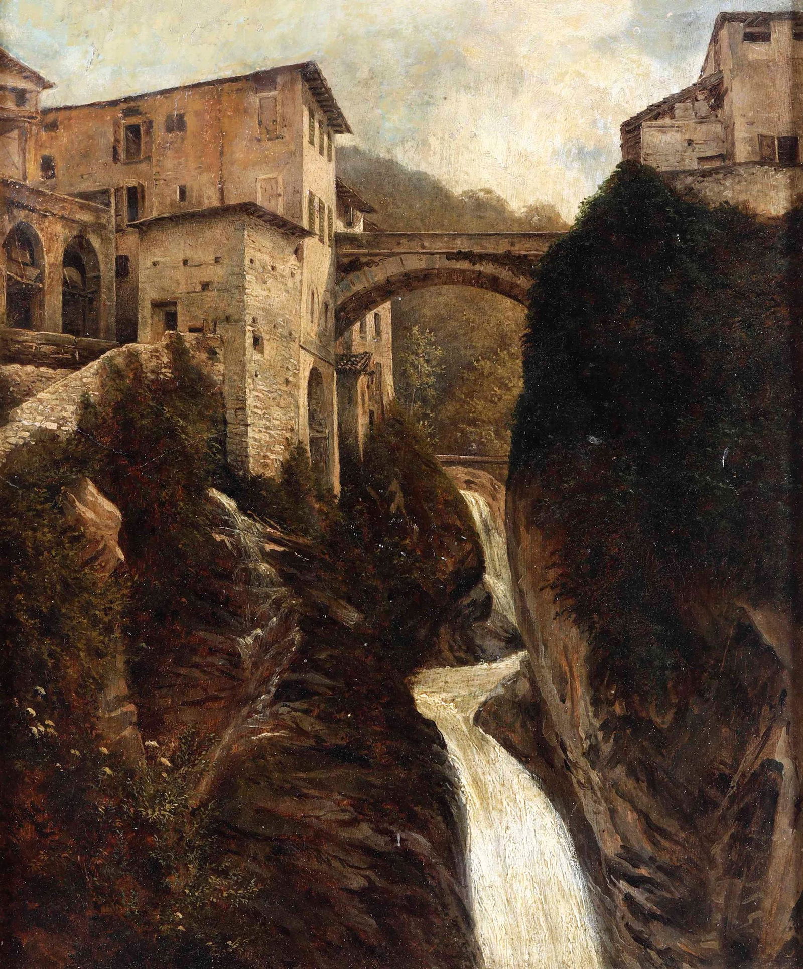 Pompeo Pozzi (1817 - 1880), Veduta di Nesso: olio su cartone, cm 39x33, 1852, iscrizione e firma al retro