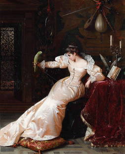 Pio Ricci (1850 - 1919), Dama con pappagallo: olio su tela cm 38x31 firmato e datato in basso a destra ‘98