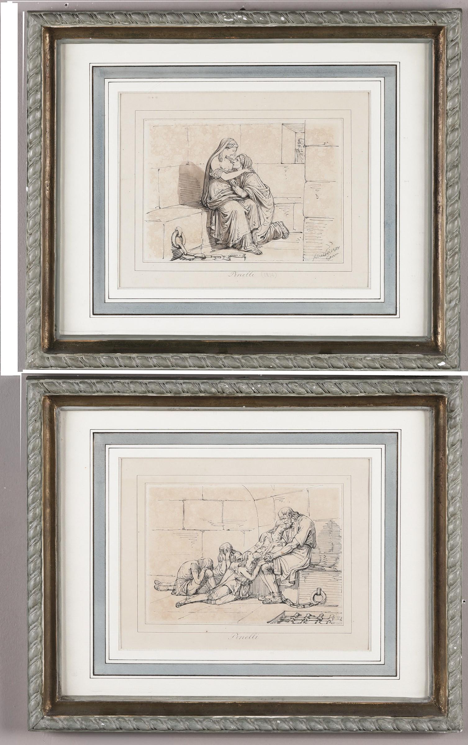 Bartolomeo Pinelli (1781-1835),: Quattro opere su carta di vari soggetti e dimensioni: Carceri. China e biacca su carta, cm 15x21. Firmato in basso a destra; Marionette. Acquerello su carta cm 18,5x18. - Carceri. China su carta, cm 1