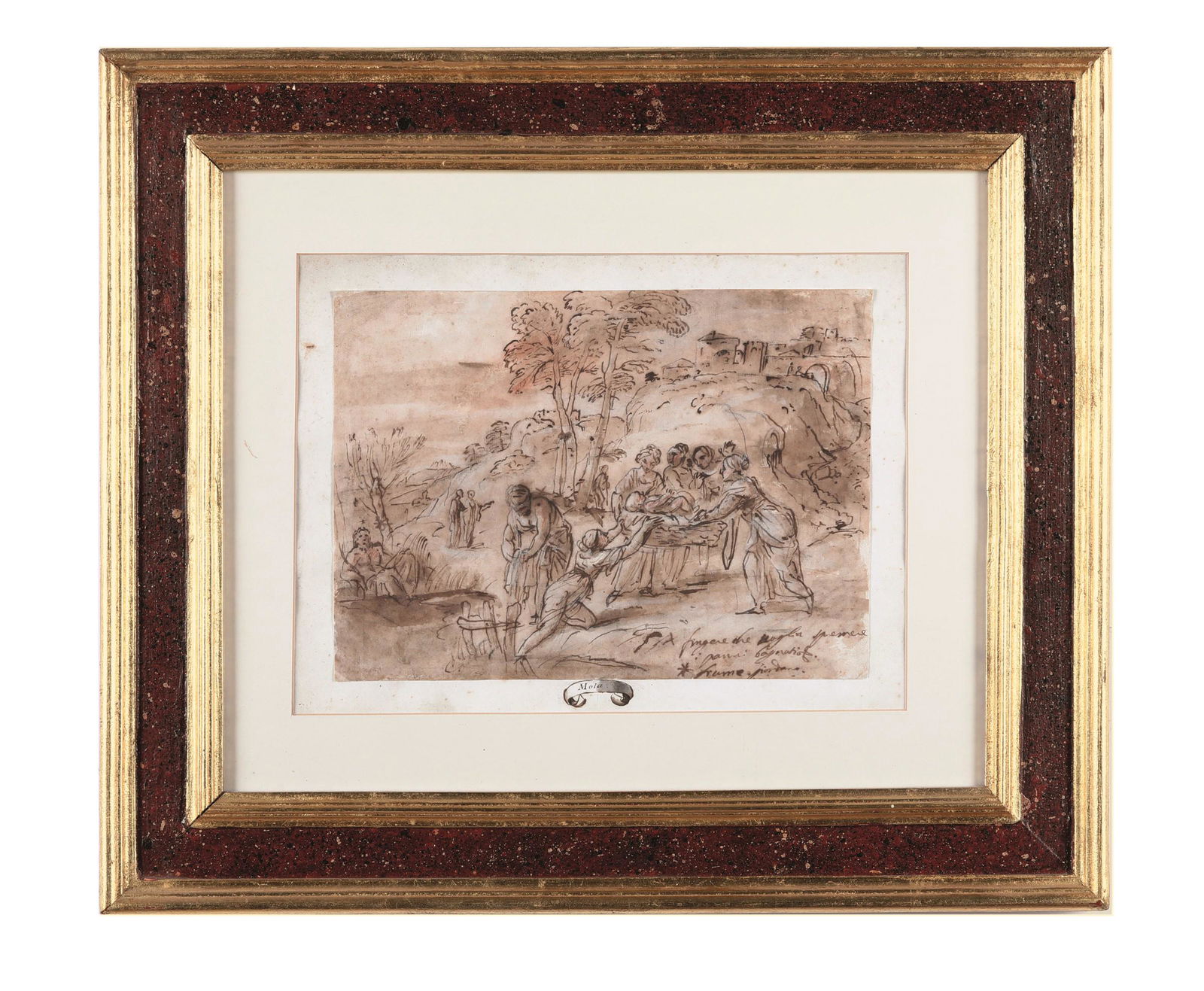 Pier Francesco Mola (Coldrerio 1612 - Roma 1666),: penna e seppia su carta, mm 220x295 in basso a destra reca scritta: â€œfingere che voglia spremere i panni bagnati” e sigla, seguita sotto da asterisco e scritta "fiume Giordano", invece del