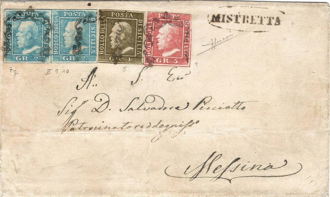Lettera da Mistretta per Messina con data di arrivo del: Affrancatura tricolore con 1 grano verde oliva chiaro III tav. carta di Palermo, coppia del 2 grana azzurro chiaro II tavola, carta di Palermo (posizione 9/10), e 5 grana rosa carminio I tavola carta