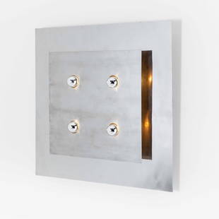 Fabrizio Cocchia e Gianfranco Fini,: Pannello luminoso mod. Screen con struttura in acciaio. Prod. Newlamp, Italia, 1970 ca. cm 90x90x15, Bibliografia F. Ferrari, N. Ferrari, Luce: lampade 1968-1973: il nuovo design italiano, tav. 44, Al