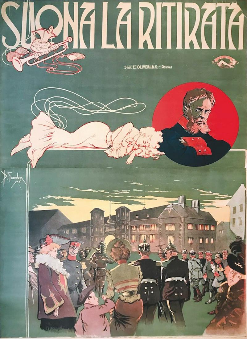Vittorio Corcos (1859-1933), SUONA LA RITIRATA: First edition lithographic poster, 1904. Cm 141x101. A rare poster; this was an Opera taken from a novel by Franz Adam Beyerlein. QUALITY: A-. Unobtrusive expert restorations in upper margin, overall
