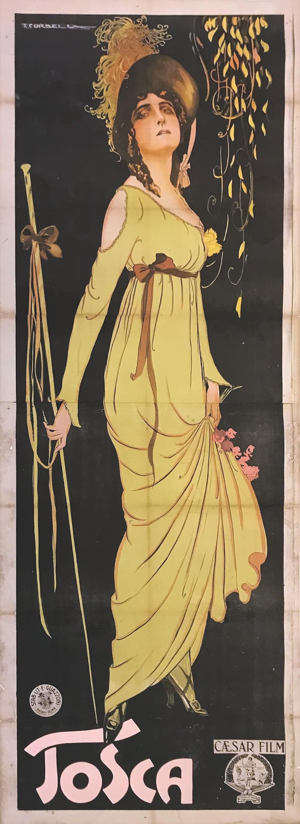 Tito Corbella (1885-1966), TOSCA: First edition ithographic poster, 1918 ca. Cm 273x100. The Divine Francesca Bertini in the role of Tosca in a silent-movie. QUALITY: B. Some tears and stains throughout. Linen-backed.