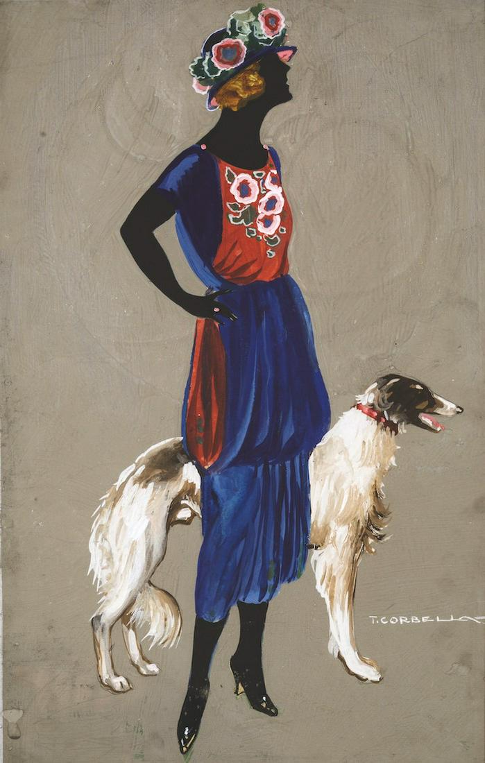 Tito Corbella (1885-1966), DONNA CON LEVRIERO: Painting, tempera on cardboard, 1920’s. Cm 45x29. QUALITY: A. Small stain in lower area, otherwise fine. Framed.