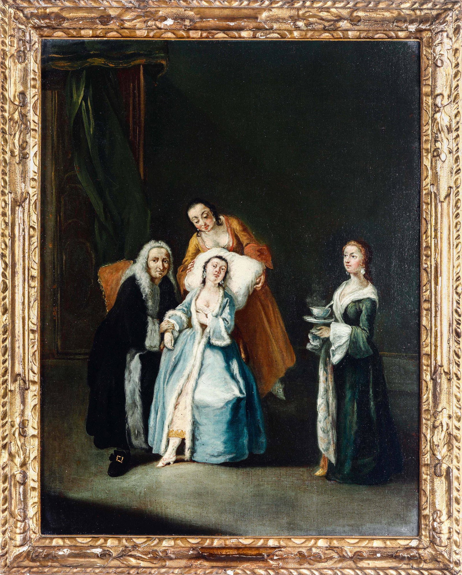 Pietro Longhi (Venezia 1702-1785), ambito di, Coppia di: coppia di dipinti ad olio su tela, cm 72x95