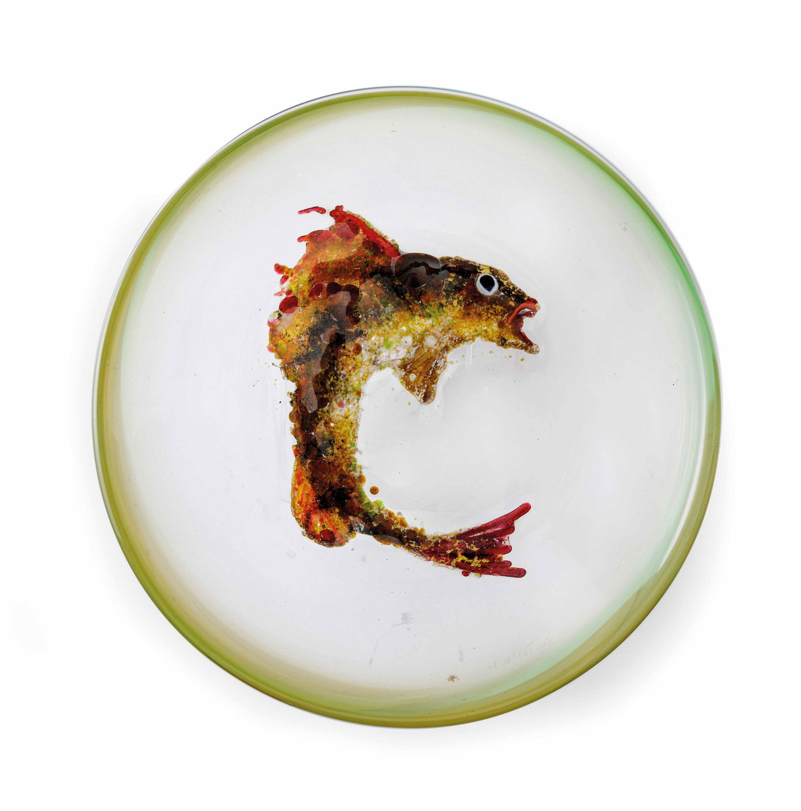 Fratelli Toso, Murano, 1910ca: Hans Stoltenberg-Lerche (1867-1920). A rare heavy blown glass vase in green hues with a decor of a fish, created by melting polychrome powders. Diam 28cm. Signature engraved on the edge. This plate wa