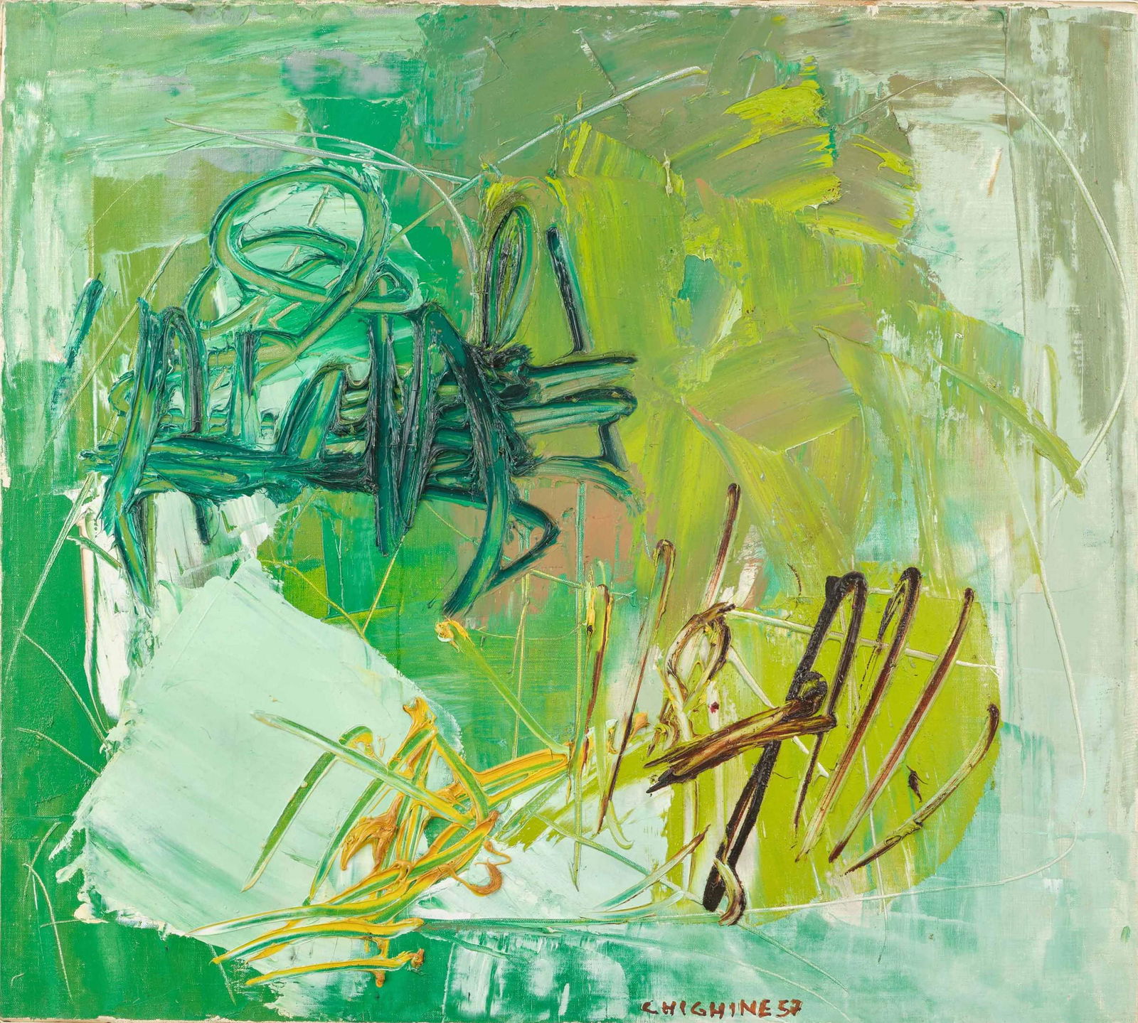 Alfredo Chighine (1914-1974), Il lago, 1957: olio su tela, cm 60x73 firmato e datato in basso a destra datato e intitolato al retro Etichetta e timbro al retro della Galleria Il Milione, Milano Autentica su fotografia dell'artista. Provenienza: