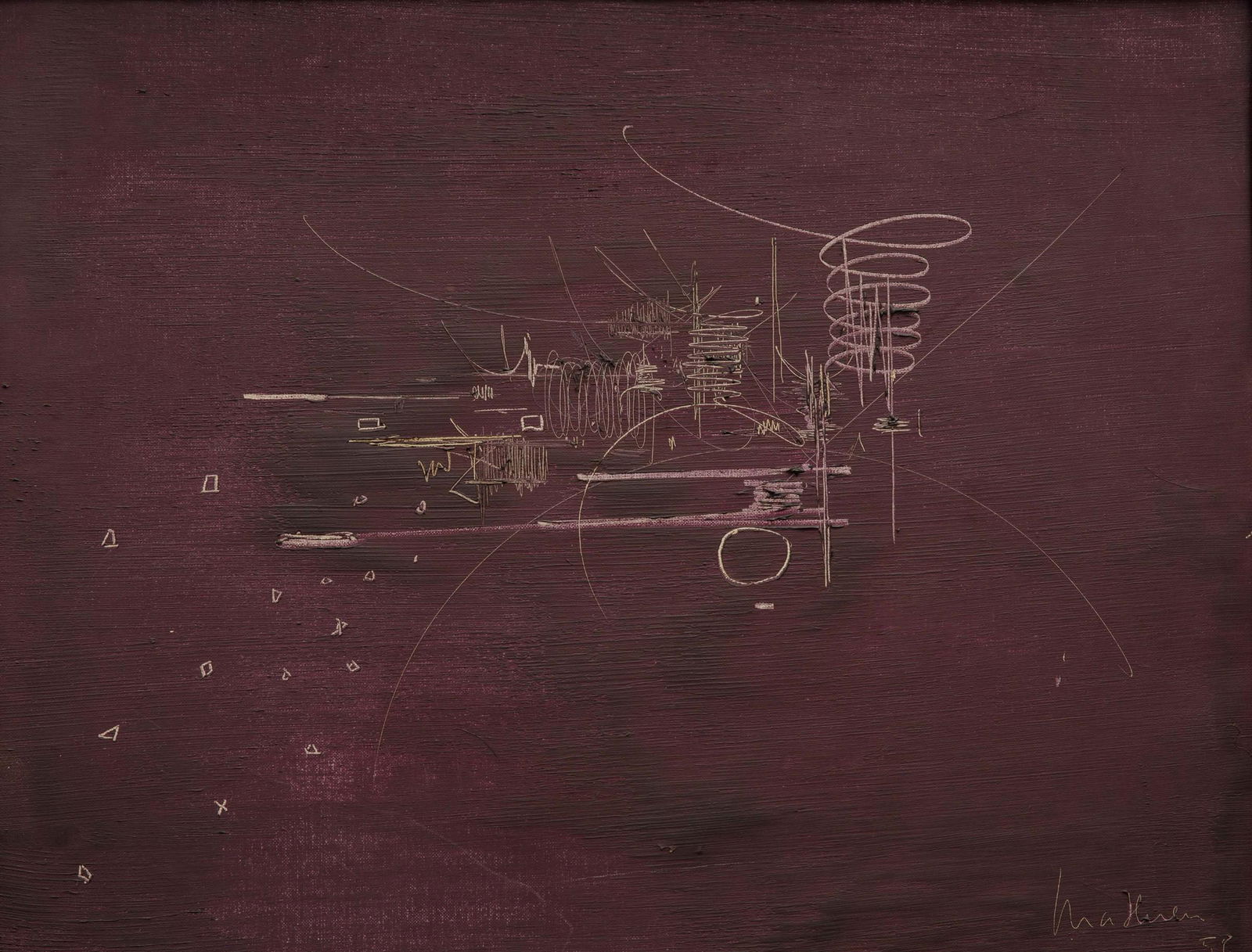 Georges Mathieu (1921-2012), Deuil de Christine, 1958: olio su tela, cm 50x65 firmato e datato in basso a destra intitolato al retro Timbro al retro dello Studio d'Arte Dino Tega, Milano Autentica dell'artista su fotografia. Provenienza: Studio d'Arte Din