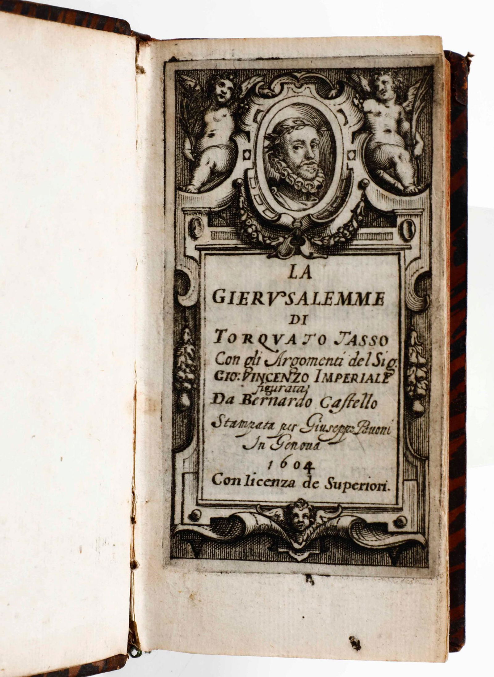 Tasso Torquato / Bernardo Castello, La Gierusalemme di: In-12Â°. Prima e rara edizione con le figure di Bernardo Castello. Frontespizio e 20 magnifiche tavole incise dal Castello. Legatura coeva alle armi nobiliari su i due piatti. Difetti alla cerniera