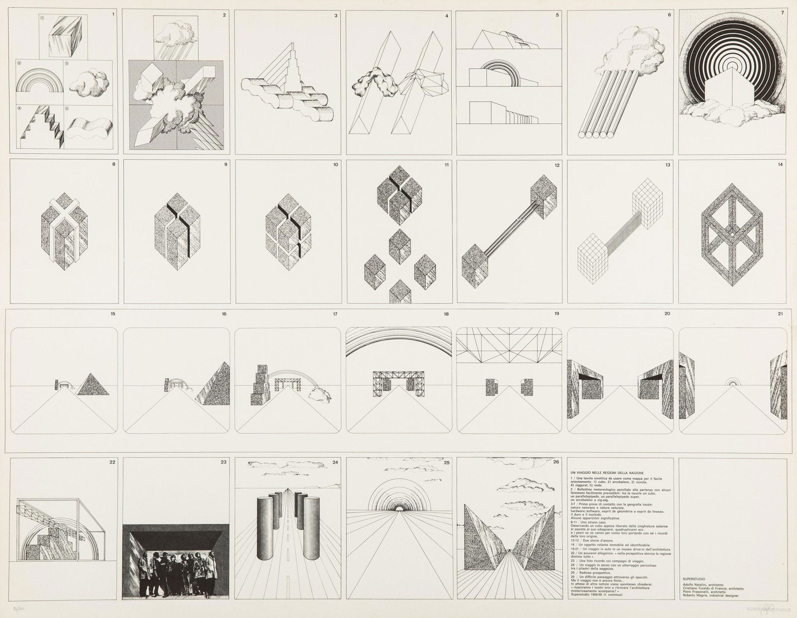 Superstudio Group, Un viaggio nelle regioni della: timbrata in basso a destra , es. 184/500, Ed. Pluraedizioni Milano, litografia in bianco e nero su carta, W. 86 - H. 68,5 Cm
